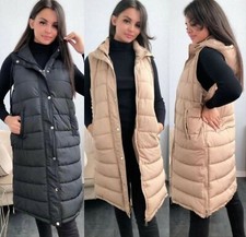 Womens Hooded Quilted Zip Up Gilet Waistcoat Padded Vest Long Bodywarmer UK 6-26