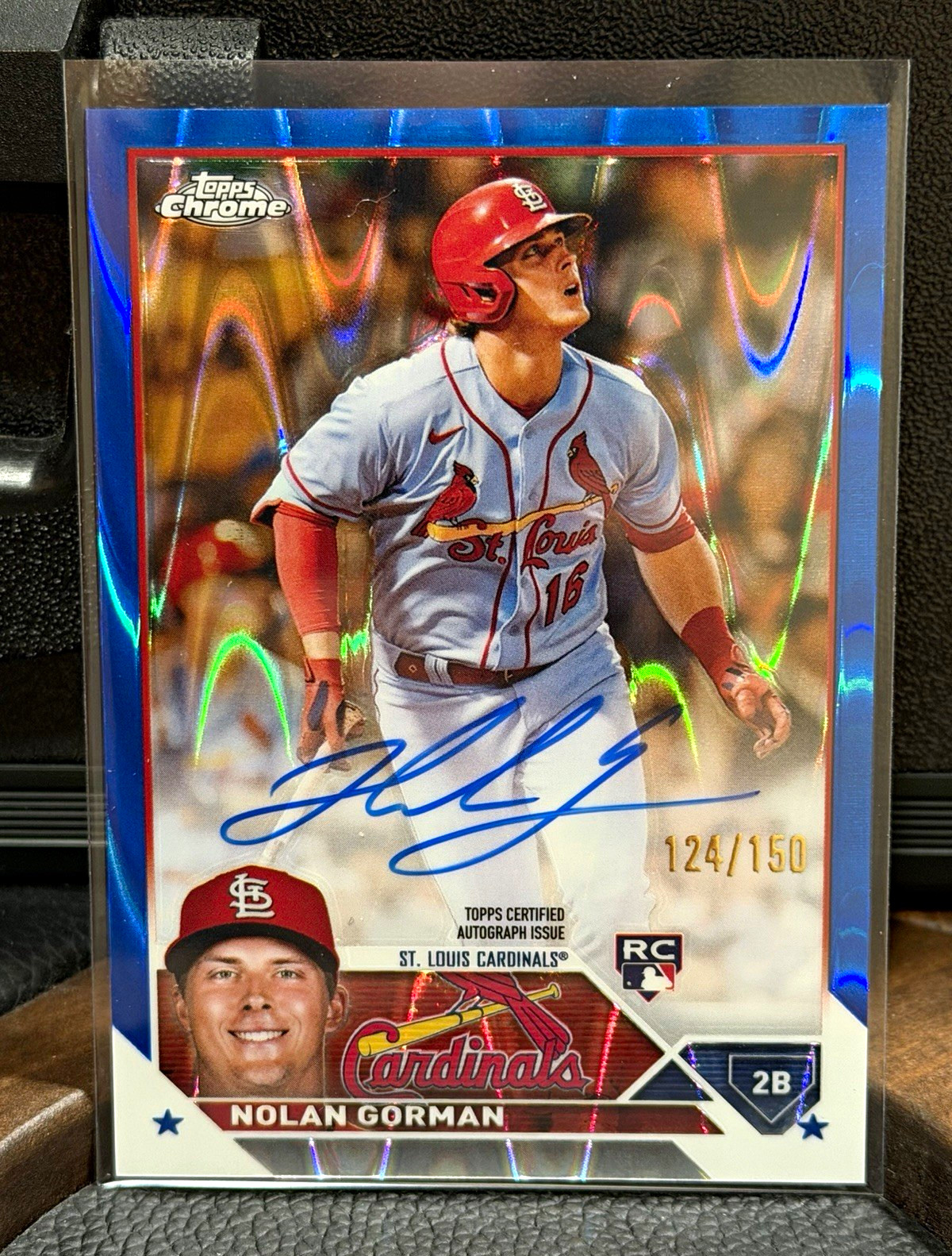 2023 Topps Chrome Nolan Gorman RC Auto #RA-NGO Blue RayWave /150 Cardinals