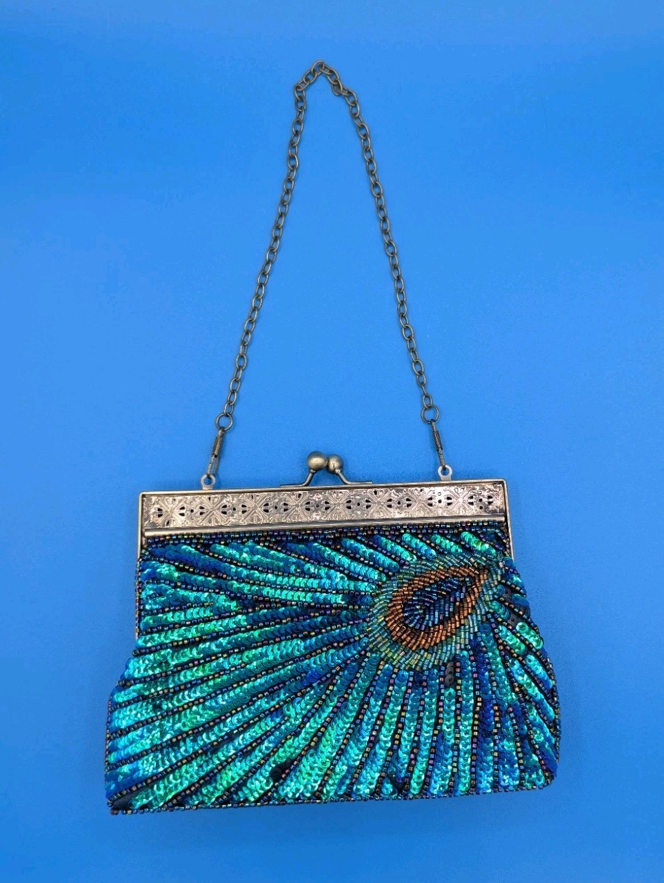 Peacock Feather Pattern Bead & Sequen Evening Bag… - image 3