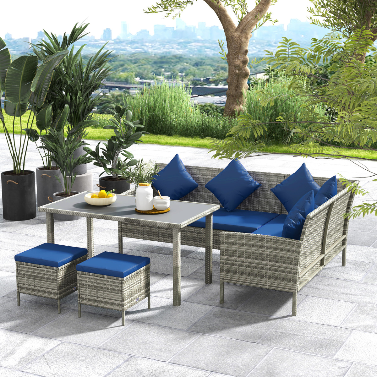 Outsunny 5Pcs Rattan Dining Corner Sofa Set Garden Furniture Set - Dark Blue