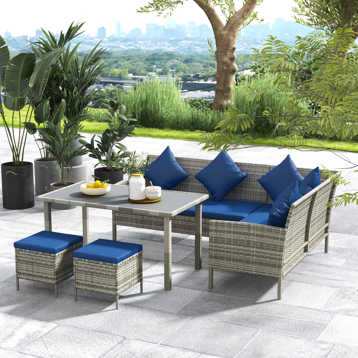 Outsunny 5Pcs Rattan Dining Corner Sofa Set Garden Furniture Set - Dark Blue