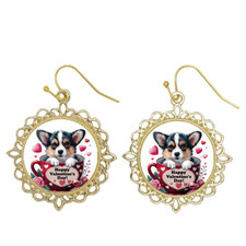 Valentine's Day Puppy Dog Bezel Earrings Dangle/Drop Silver Gold Rose Gold Tone