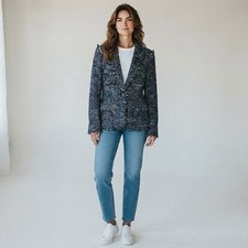 Jones New York Tweed Blazer Women 6 Navy EUC Fringe Trim Wool Blend Jacket