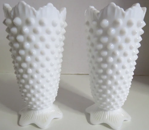 Pair of 2 Fenton? Hobnail White Milk Glass Crown Top Small Bud Vases