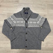 J. Crew Shawl Cardigan Sweater 100 Lambs Wool Mens Medium Fair Isle Nordic Gray