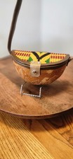 Vintage carved Coconut shoulder bag with woven fabric and leather Strap.
