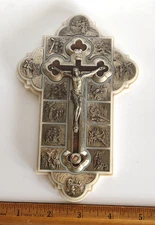 Vintage Reliquary Cabrini St Francis Metal Stations of the Cross Crucifix Plaque