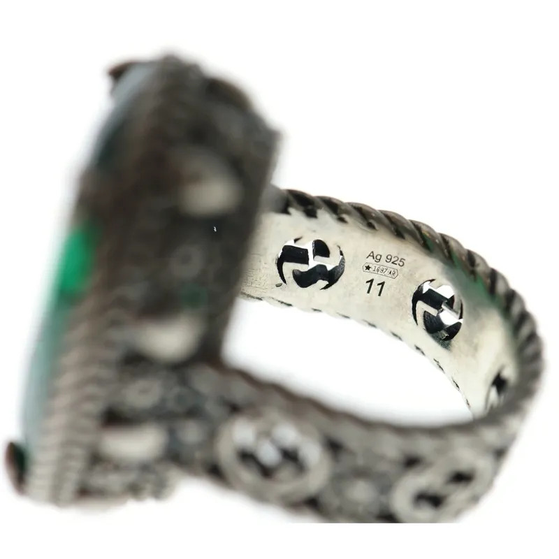 Gucci Interlocking Flower Greenstone Ring Silver - image 7