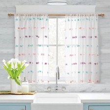 MYSKY HOME Rainbow Pom Pom White Sheer Curtains 37x54 In. Long - 54 Inch