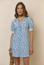 RIXO Anya Pastel Floral Puff Sleeve Mini Dress Blue XS