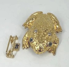 Vintage 3.5" Frog Toad Belt Buckle Gold Tone Textured Jeweled Eyes Animal