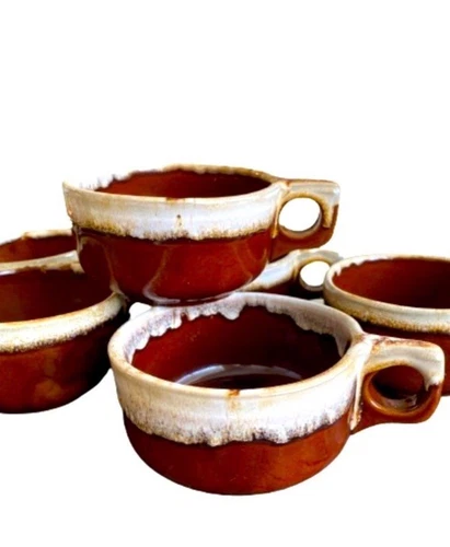 Vintage Western Stonewear Pottery Brown Drip Chili Bowl Mug Maple Leaf Set Of 6