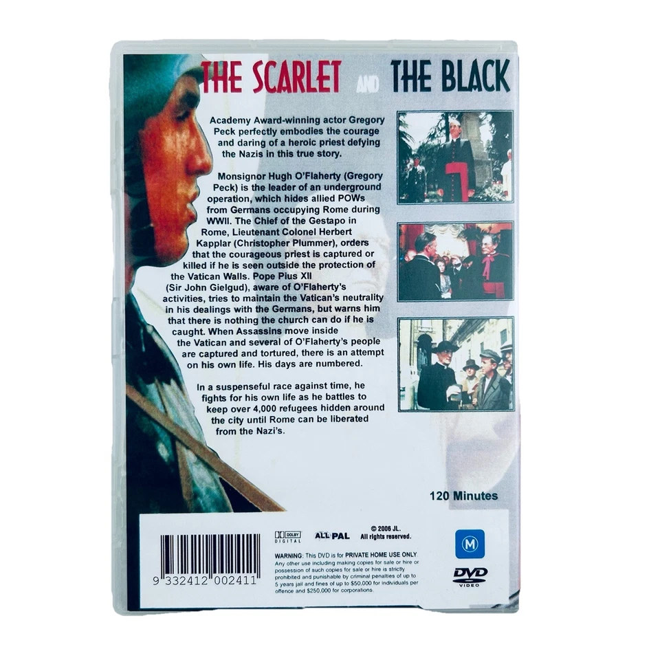 The Scarlet And The Black 1983 DVD War Drama Gregory Peck Christopher Plummer R4 - image 2 of 4