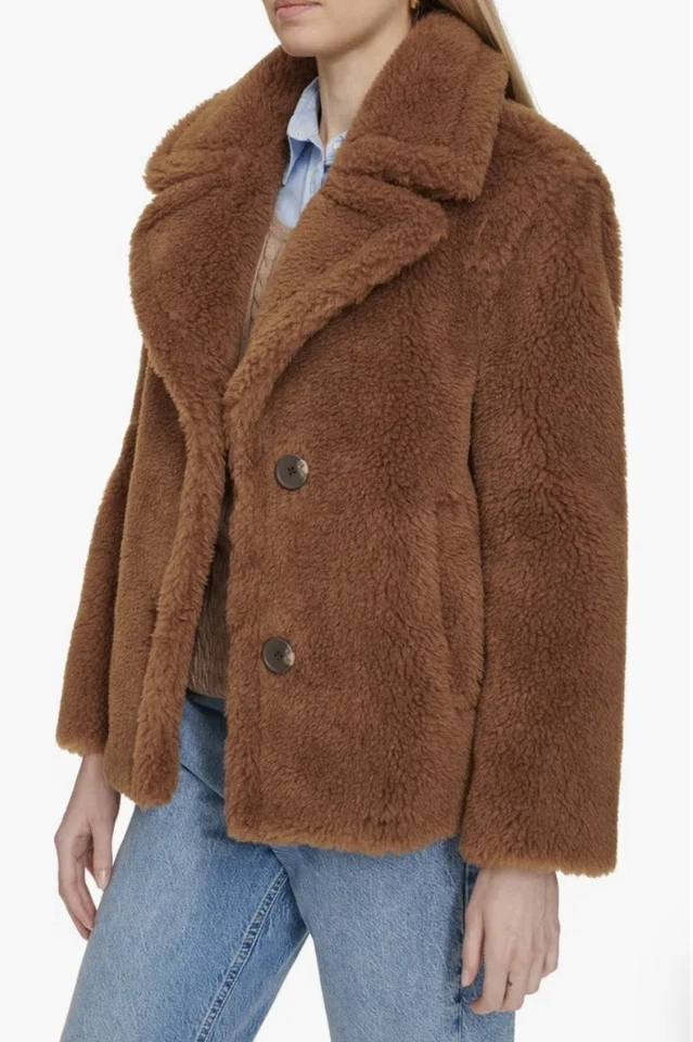 Chaqueta COLE HAAN Peluche Mezcla Lana Imitación Piel Mujer XL Marrón Caramelo NUEVA Foto 3 de 4