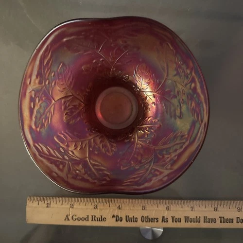 Antique Fenton Red Carnival Glass Holly Hat Vase Red Amberina Base & Rim Glow