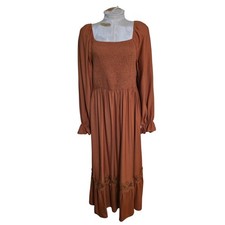 Boho Long Sleeve Square Neck Smocked High Waist Lace Trim Maxi Dress XL NWT