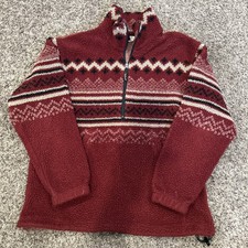 Vintage USA Made Woolrich Mens Sz L Red Fleece Jacket, 1/4 Zip Snow Scene