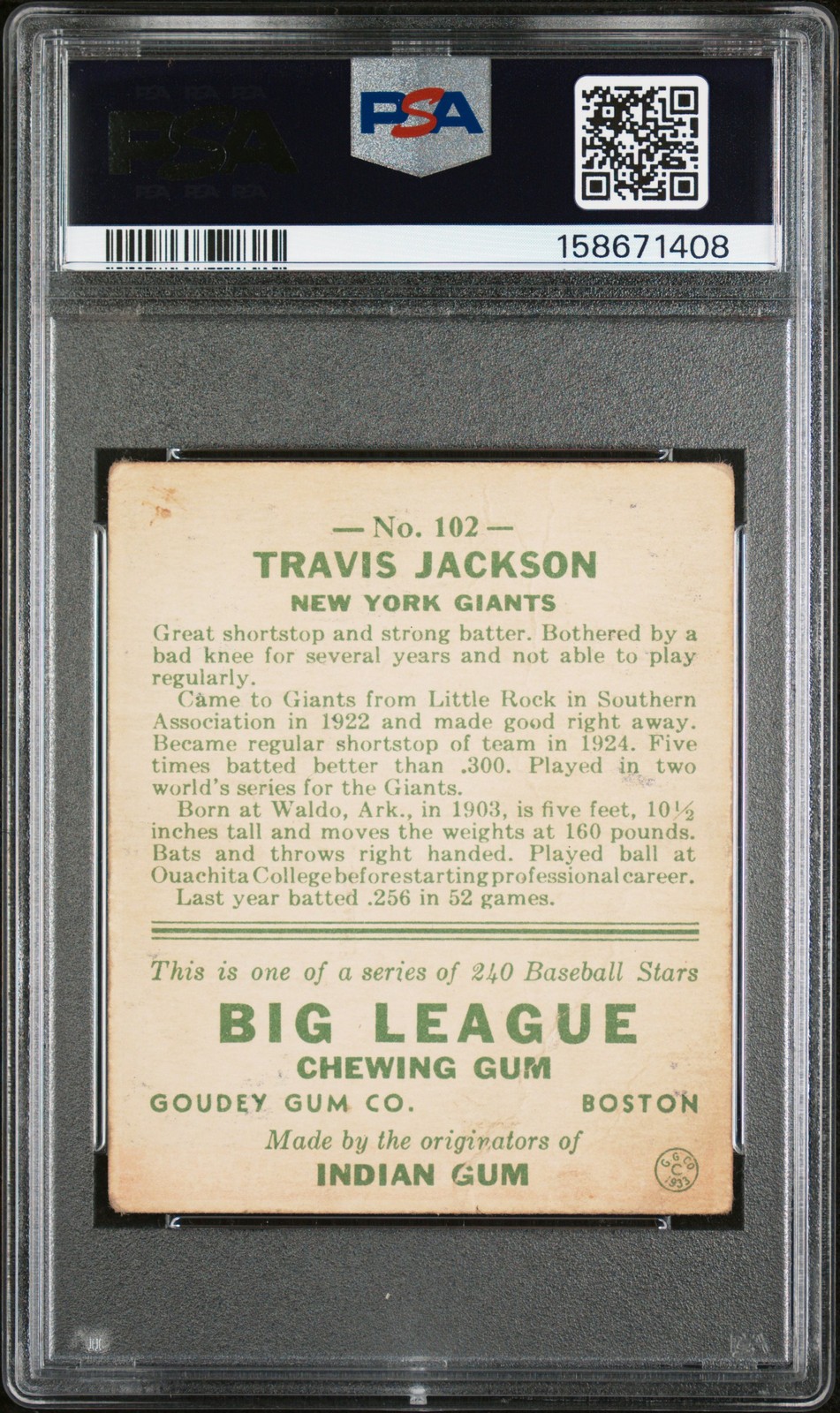 1933 GOUDEY #102 TRAVIS C. JACKSON ROOKIE RC PSA 1 view 2
