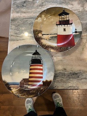 Sakura David Carter Brown By The Sea Lighthouse Plate Set w Wall Hangers