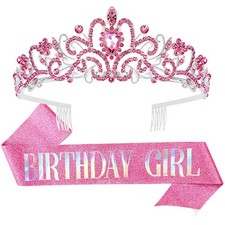 Pink Birthday Girl Sash Tiara Set Rhinestone Adjustable Pin Women's Party
