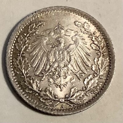 1916 A Germany 1/2 Mark Silver Kaiser Wilhelm I