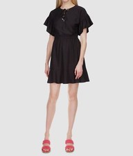 $140 Michael Kors Women's Black Faux Eyelet Lace-Up Ruffled A-Line Dress Size L