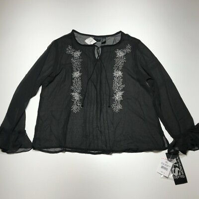 VS Vintage Studio Top Womens Size XL Sheer Pin Tuck Embroidered Ruffle Cuff NWT