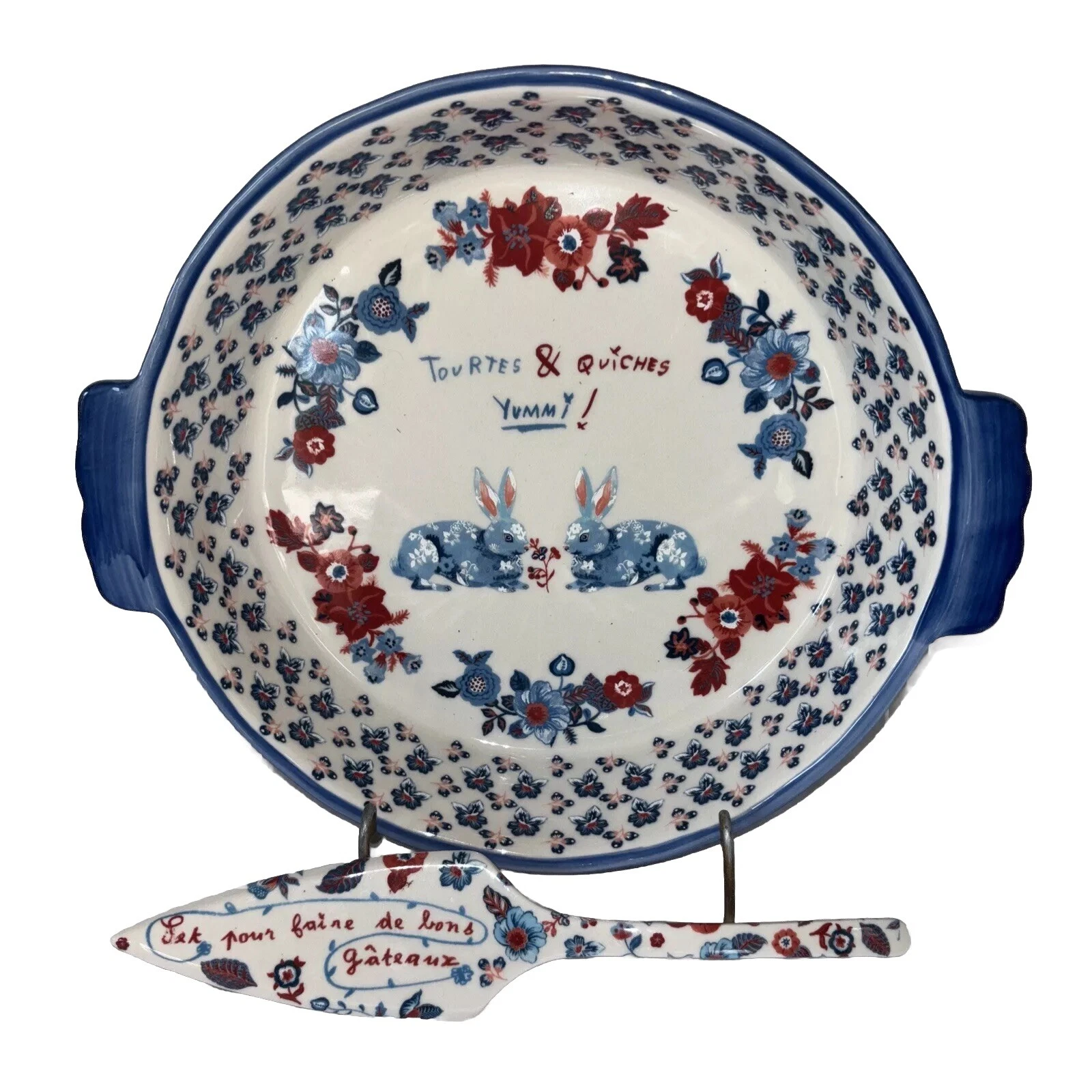 Anthropologie NATHALIE LETE Pie Dish & cake server BIBELOT French Bunnies rabbit