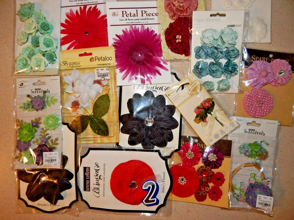 Floral Embellishments Lot of 16 Packages Silk, Fabric and Paper  50+ flowers(#2) - Image 2 of 2