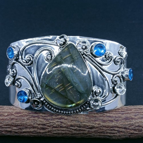 925 Sterling Silver Natural Labradorite & Tanzani Gemstone Jewelry Cuff Bracelet - Picture 8 of 19