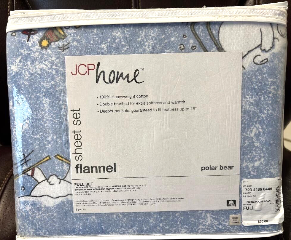 NIP JC Penney Home Collection Full Fitted Flannel Sheet Set - Skiing Polar Bears