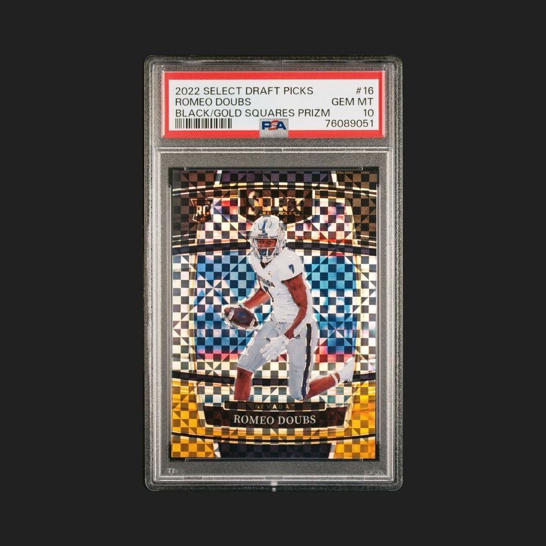 2022 Select Draft Picks - Romeo Doubs Black Gold Squares Prizm /100 (RC) PSA 10