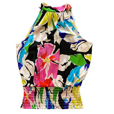 CACHE Womens 100 Silk Floral Smocked Halter Tie Top Size L 8-10 