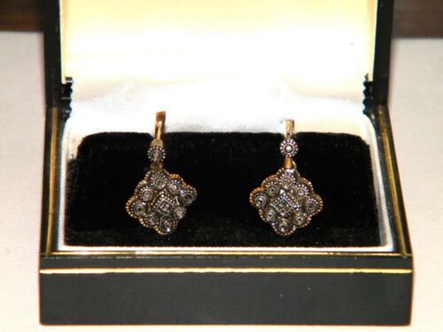 Victorian~Edwardian 14K GOLD MINE CUT DIAMOND CHIP EARRINGS English Lock Clasps