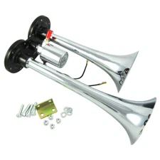 12V Chrome Trumpet 150db Super Loud Dual Air Horn w Solenoid Truck Train Boat RV
