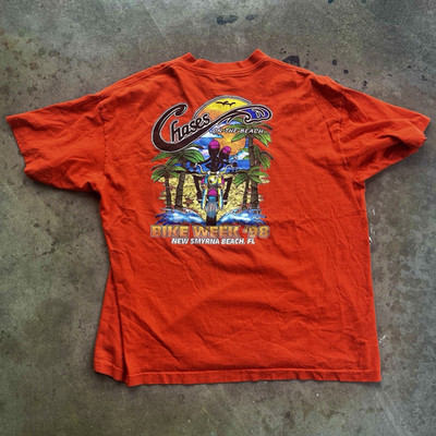 Tee Jays Vintage 90s XXL Orange Chases on the Beach Pocket Graphic T-Shirt