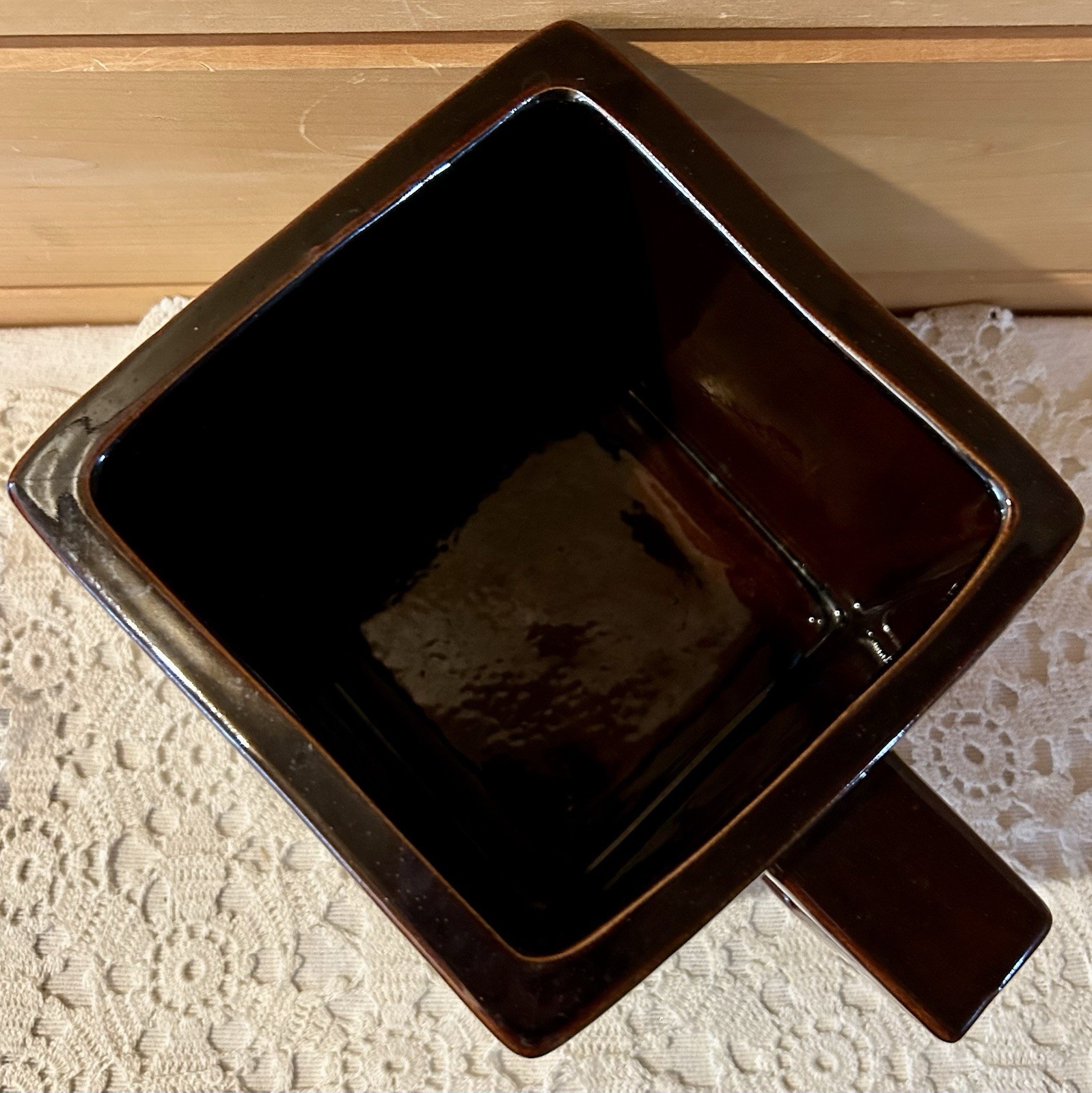 6" Square Ceramic Art Pottery Mug Coffee Cup Planter Brick Brown Handle Vase Pot