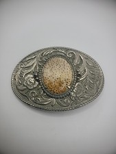 Vintage Belt Buckle Silver Tone Floral Oval Agate Tan Beige Speckled Stone West