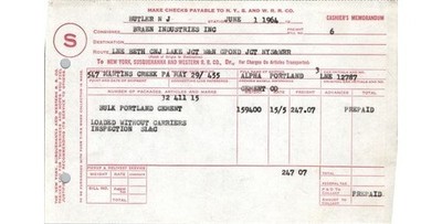 1964 NYS & W Cashier's Memorandum Freight Bill Portland Cement Butler NJ