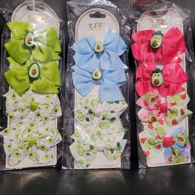 Girls Multicolor Avocado Print Fabric Hair Bow Clip and Tie Sets