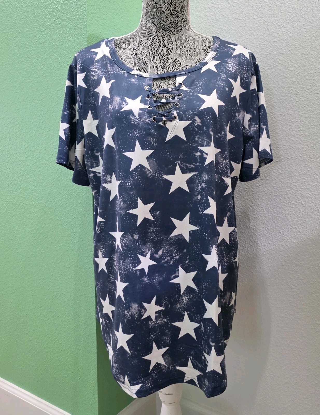 womens stars short sleeve Blue Top Lace Front Stretch Size XL  Patriotic