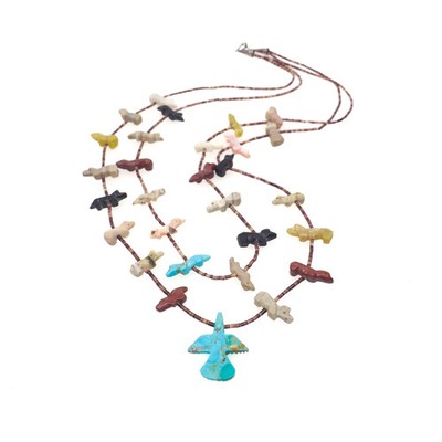 Vintage 1970s Zuni Native American Sterling Multi Gemstone Fetish 27'' Necklace