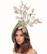 Olive Green Dusky Pink Feather Kentucky Derby Ascot Wedding Cocktail Fascinator