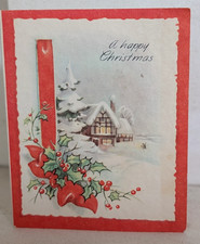 Vtg  Xmas Mid Century Thatched Cottage Snow Holly Used Greeting Card (B11238)