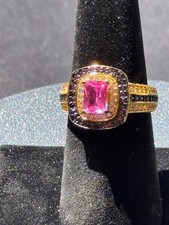 Uniquely Gorgeous Cushion Cut Pink Halo Ring with Brown  Clear 5A CZ Size 9 FS