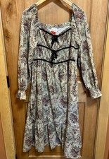 Kori Cream Floral Boho Cottagecore Peasant Smocked Back Long Sleeve Dress Large