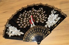 Folding Hand Fan Black Lace Fabric Hand Painted Gold Detail Peacock Red Plastic
