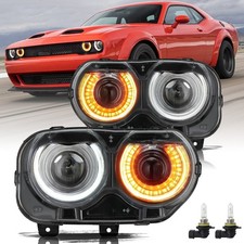 Pair LED Headlights Halogen Head lamps Projector for 2015-2023 Dodge Challenger