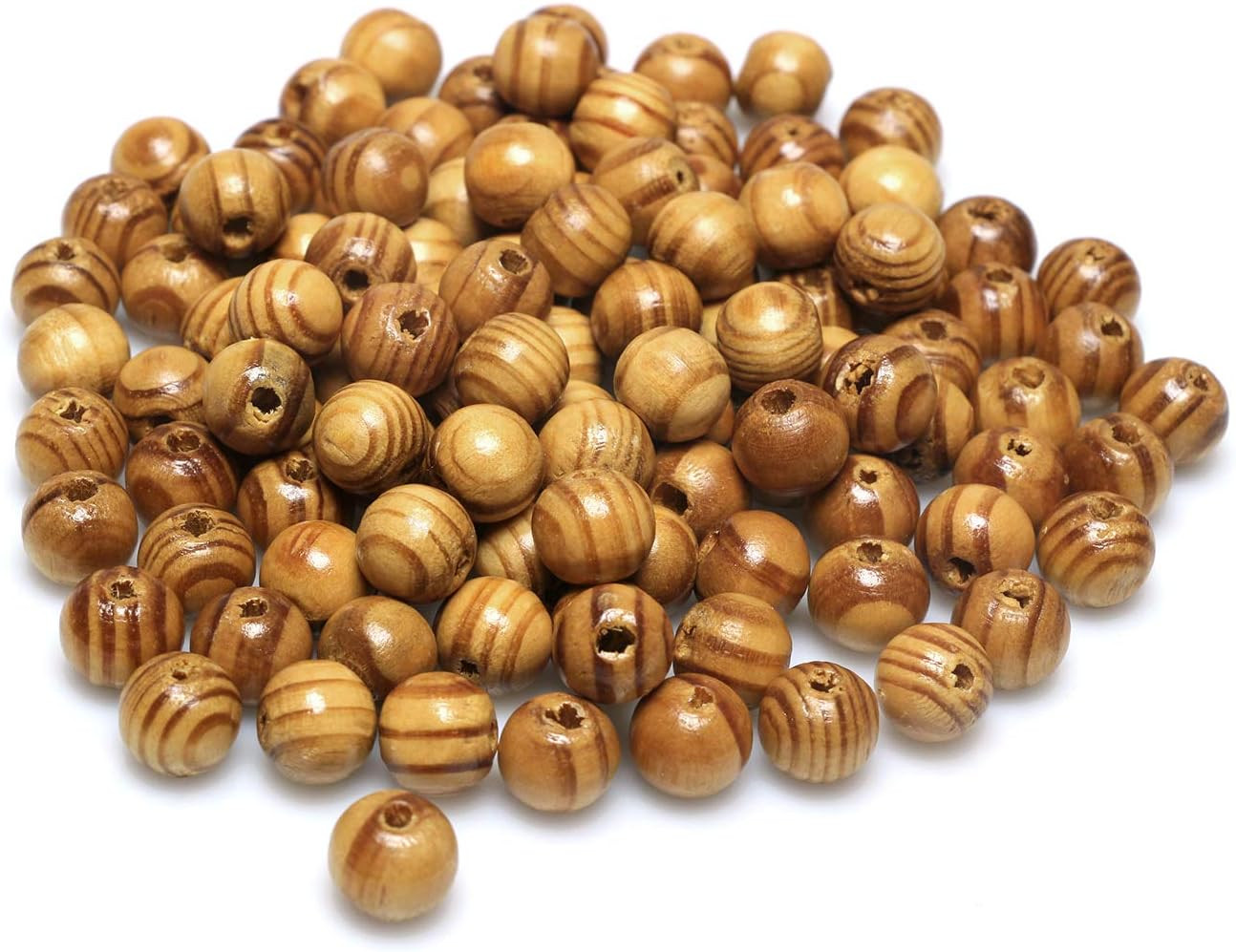 300Pcs 10mm Natural Round Striped Wood Beads Light Brown Assorted Wooden Loose S