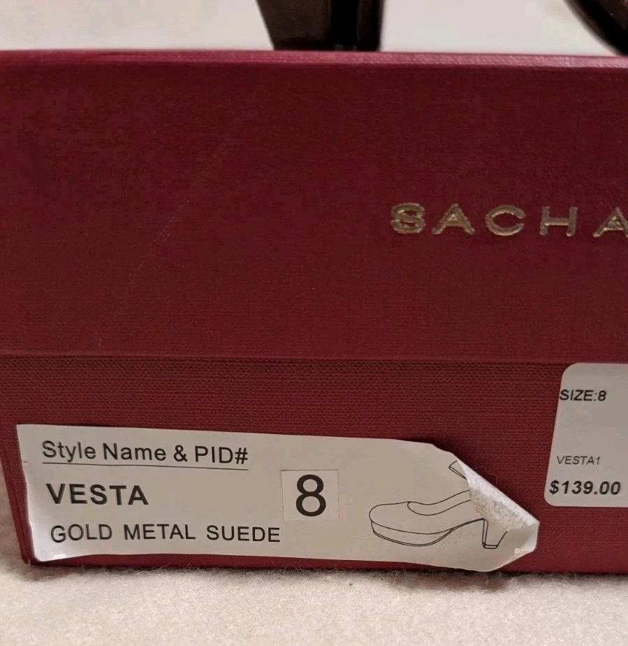 Zapatos de salón Sasha London de gamuza de metal dorado talla 8 CAJA correa al tobillo plataforma Foto 2 de 4